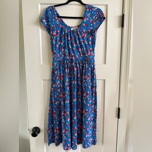 Boden Blue Floral Midi Dress with Red and Pink Blossoms